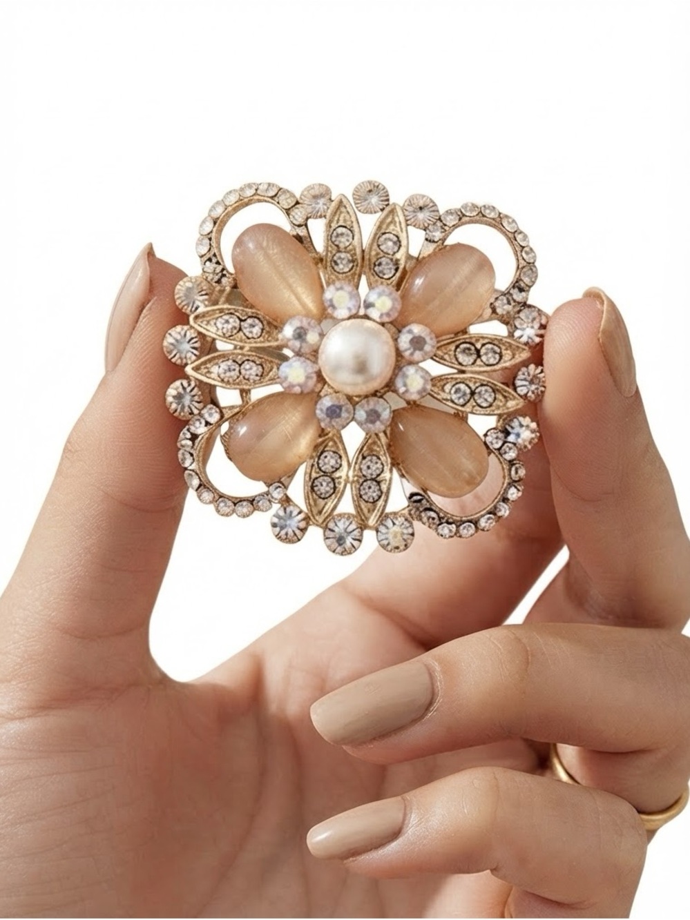 Gold-Tone Floral Crystal Brooch with Pearl Center